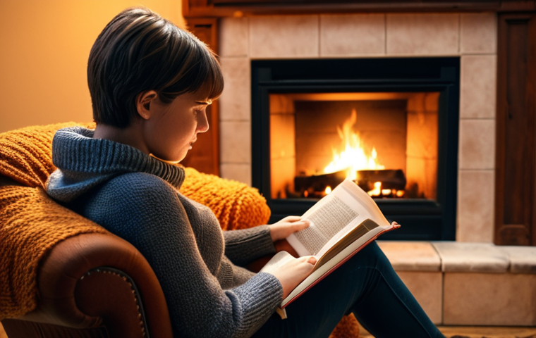 **A person reading a book in a cozy armchair next to a fireplace. Warm lighting, autumn atmosphere.** (Focuses on continuous learning and self-improvement through reading.)